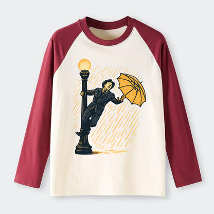 joyful dancing on lamppost in heavy rain with big smile - Raglan Long Sleeve T-Shirt - Red