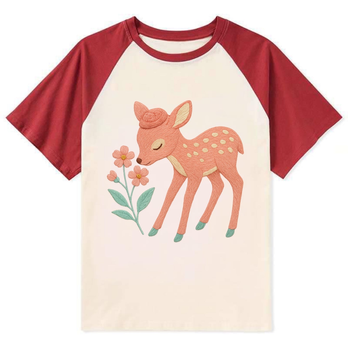 Coral Fawn - Contrast Raglan T-shirt - Red