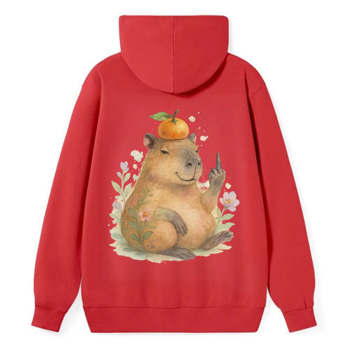 chonky capybara relaxing with orange on head, one webbed middle finger up - Classic Pullover Hoodie