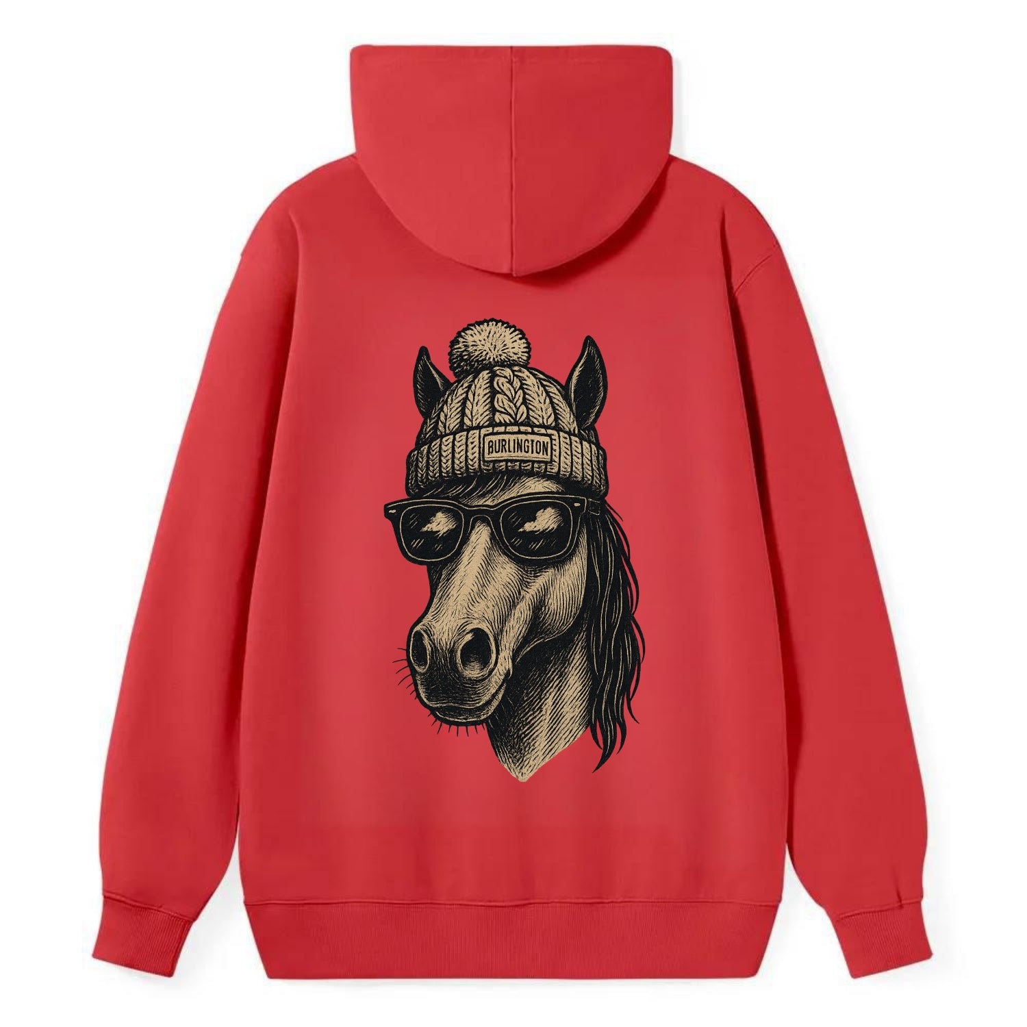 Vermont Morgan Horse wearing Burlington beanie with pom pom and wayfarer - Classic Pullover Hoodie - Red