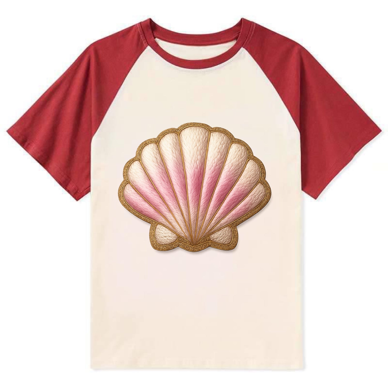 SEASHELL SCALLOP - scallop shell in cream and pink , beach - Contrast Raglan T-shirt - Red