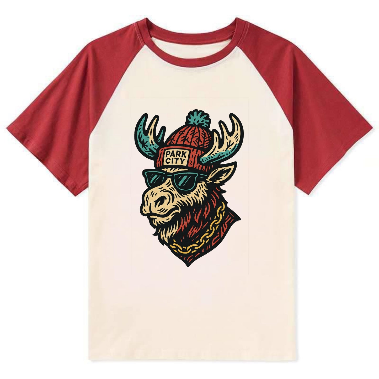 Park City Moose wearing Park City beanie with pom pom and wayfarer - Contrast Raglan T-shirt - Red