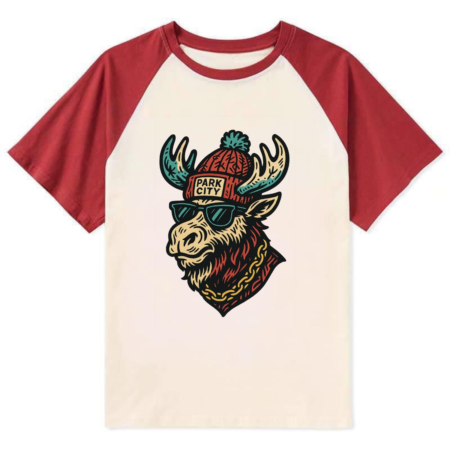 Park City Moose wearing Park City beanie with pom pom and wayfarer - Contrast Raglan T-shirt - Red