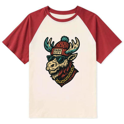 Park City Moose wearing Park City beanie with pom pom and wayfarer - Contrast Raglan T-shirt - Red