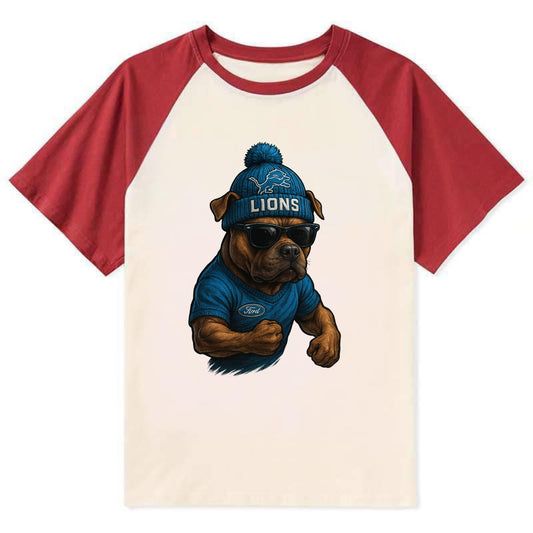 Detroit Pitbull wearing Lions beanie with auto patch and wayfarer - Contrast Raglan T-shirt - Red