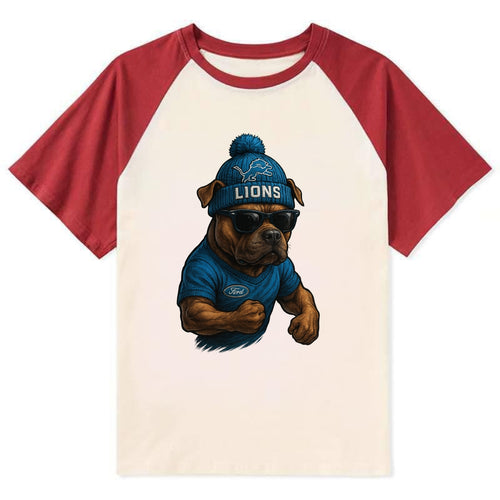 Detroit Pitbull wearing Lions beanie with auto patch and wayfarer - Contrast Raglan T-shirt