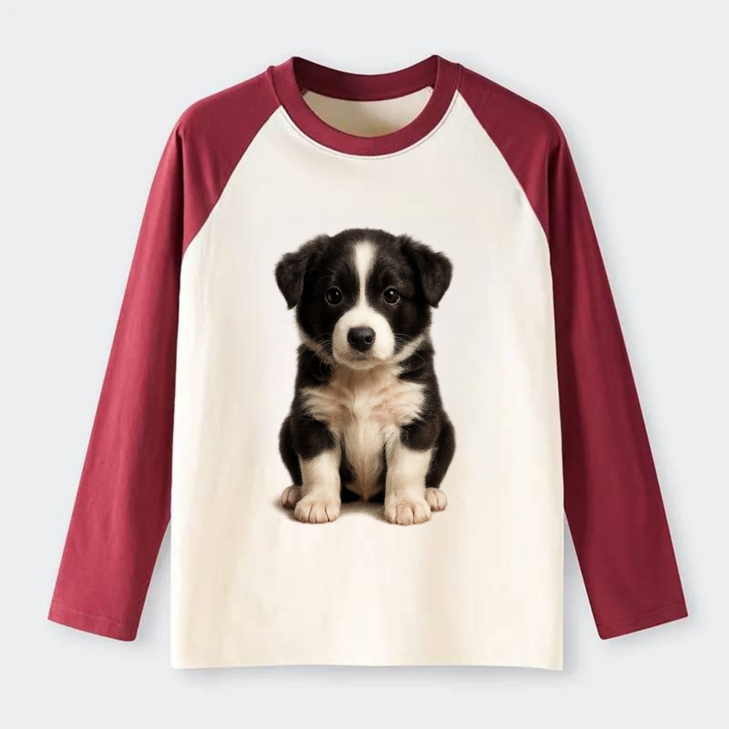 Baby Border Collie Puppy - black and white, intense smart eyes, - Raglan Long Sleeve T-Shirt - Red
