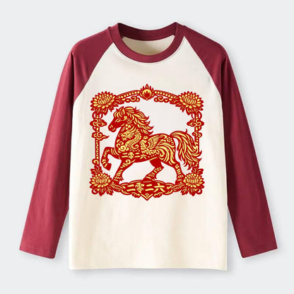 HORSE | Silk style horse design | Gold and silver thread appearance | - Raglan Long Sleeve T-Shirt - Red