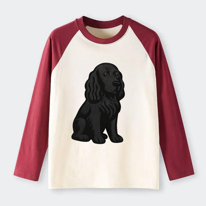 Field Spaniel - Black silky coat embroidered pose - Raglan Long Sleeve T-Shirt - Red