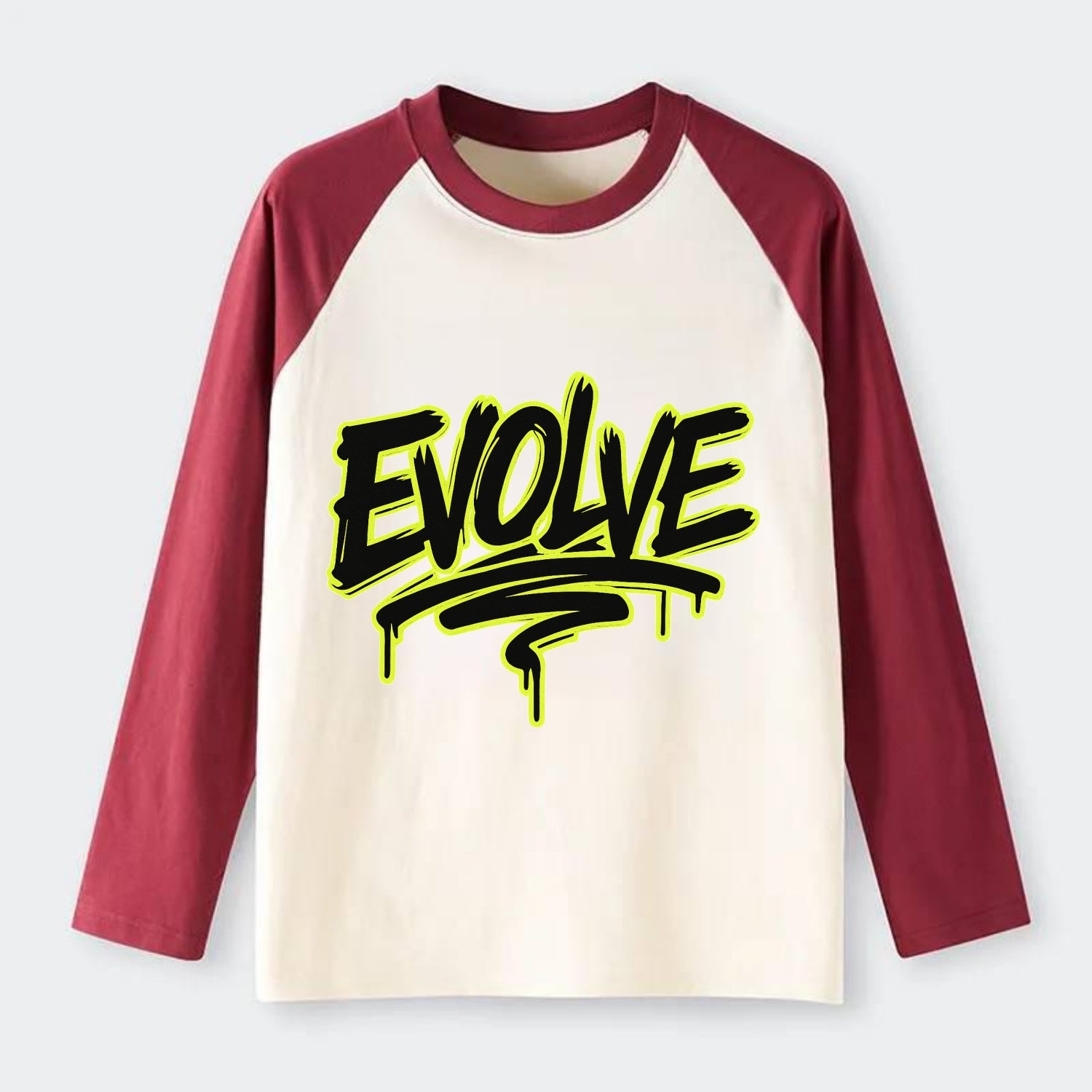 Bold typography design - "EVOLVE" - changing, becoming better - Raglan Long Sleeve T-Shirt - Red