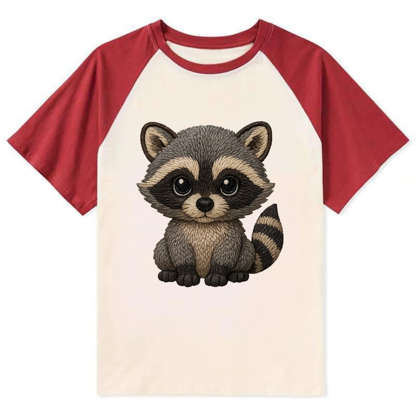 Baby Raccoon - gray fur, black mask, ringed tail, bright curious eyes, - Contrast Raglan T-shirt - Red