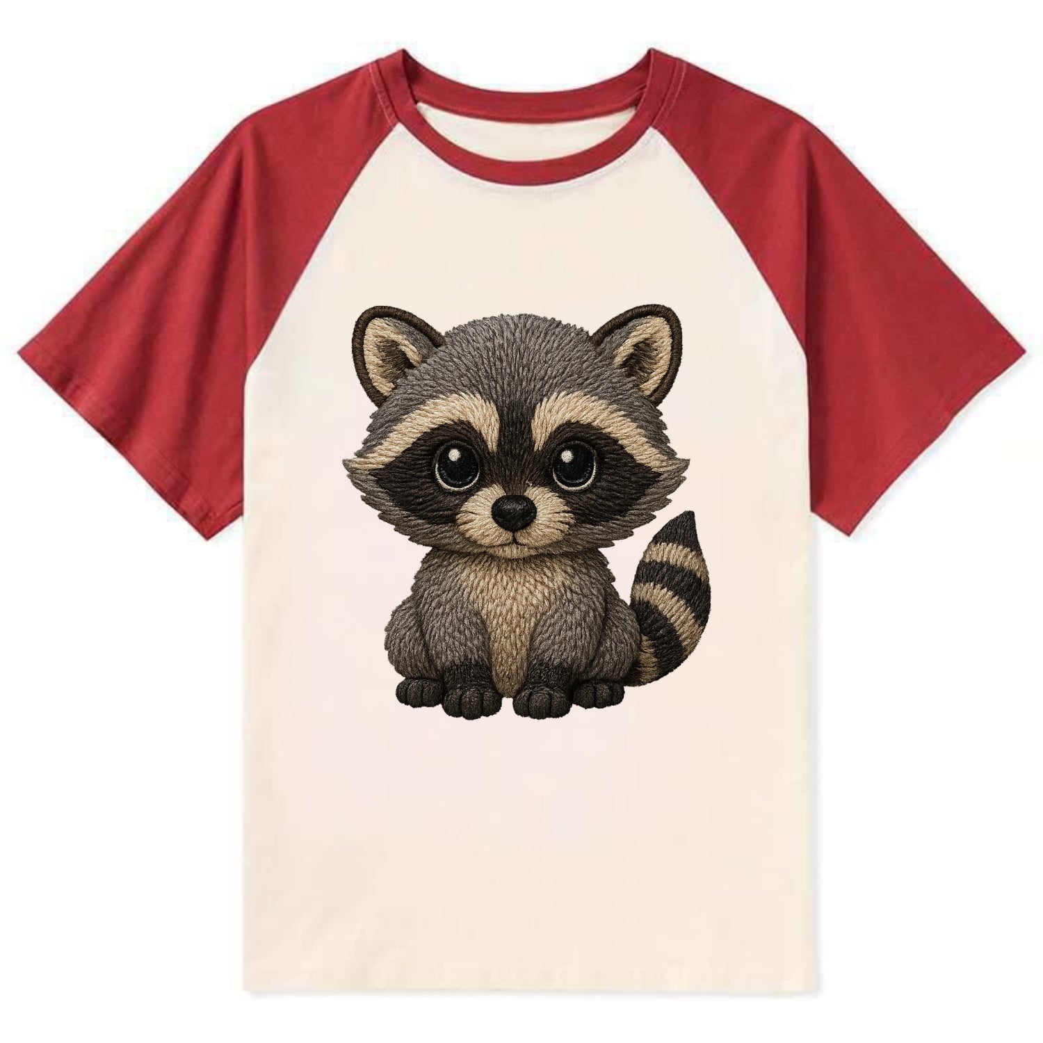 Baby Raccoon - gray fur, black mask, ringed tail, bright curious eyes, - Contrast Raglan T-shirt - Red