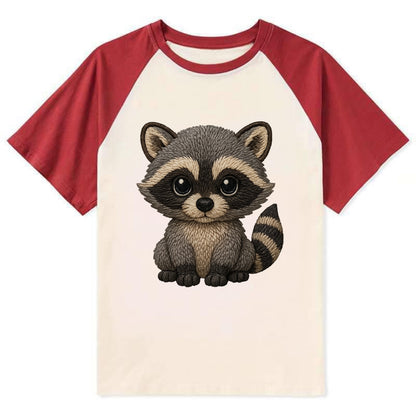 Baby Raccoon - gray fur, black mask, ringed tail, bright curious eyes, - Contrast Raglan T-shirt - Red