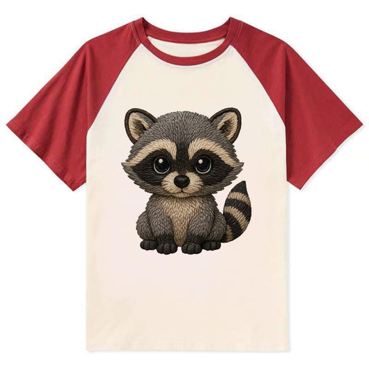 Baby Raccoon - gray fur, black mask, ringed tail, bright curious eyes, - Contrast Raglan T-shirt - Red