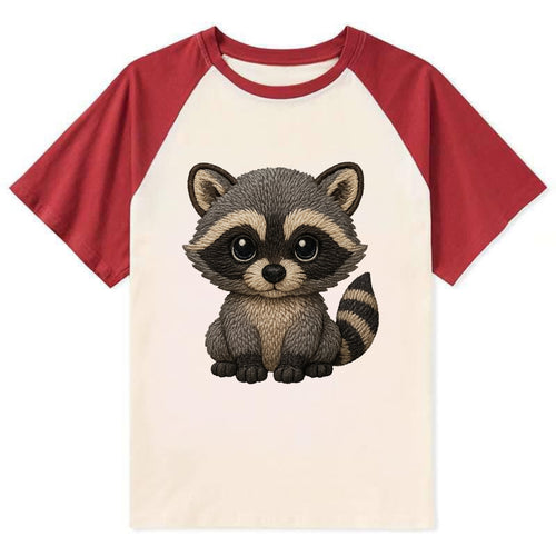 Baby Raccoon - gray fur, black mask, ringed tail, bright curious eyes, - Contrast Raglan T-shirt