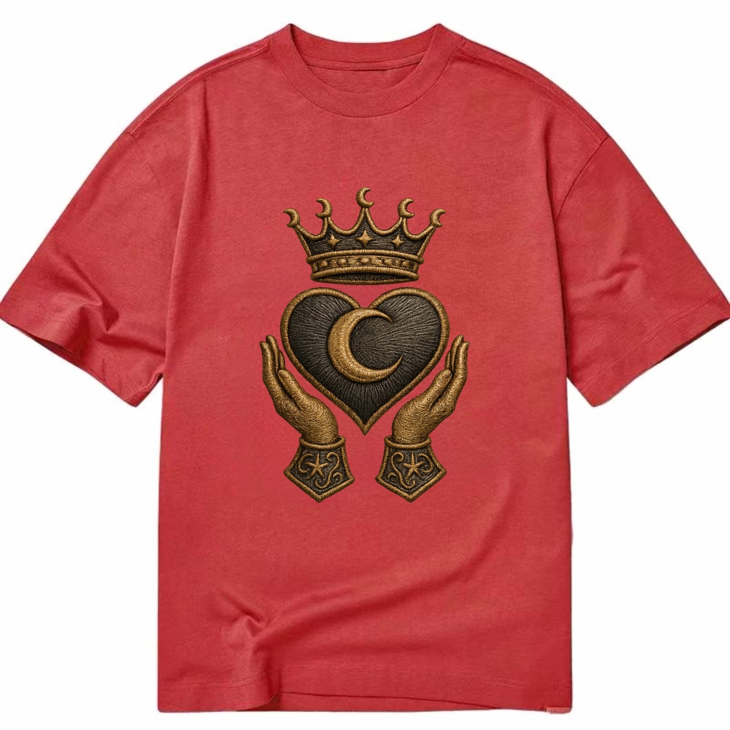 Moonlit crescent crown cradling a hematite heart with stargazer hands cupped - Classic T-shirt - Red
