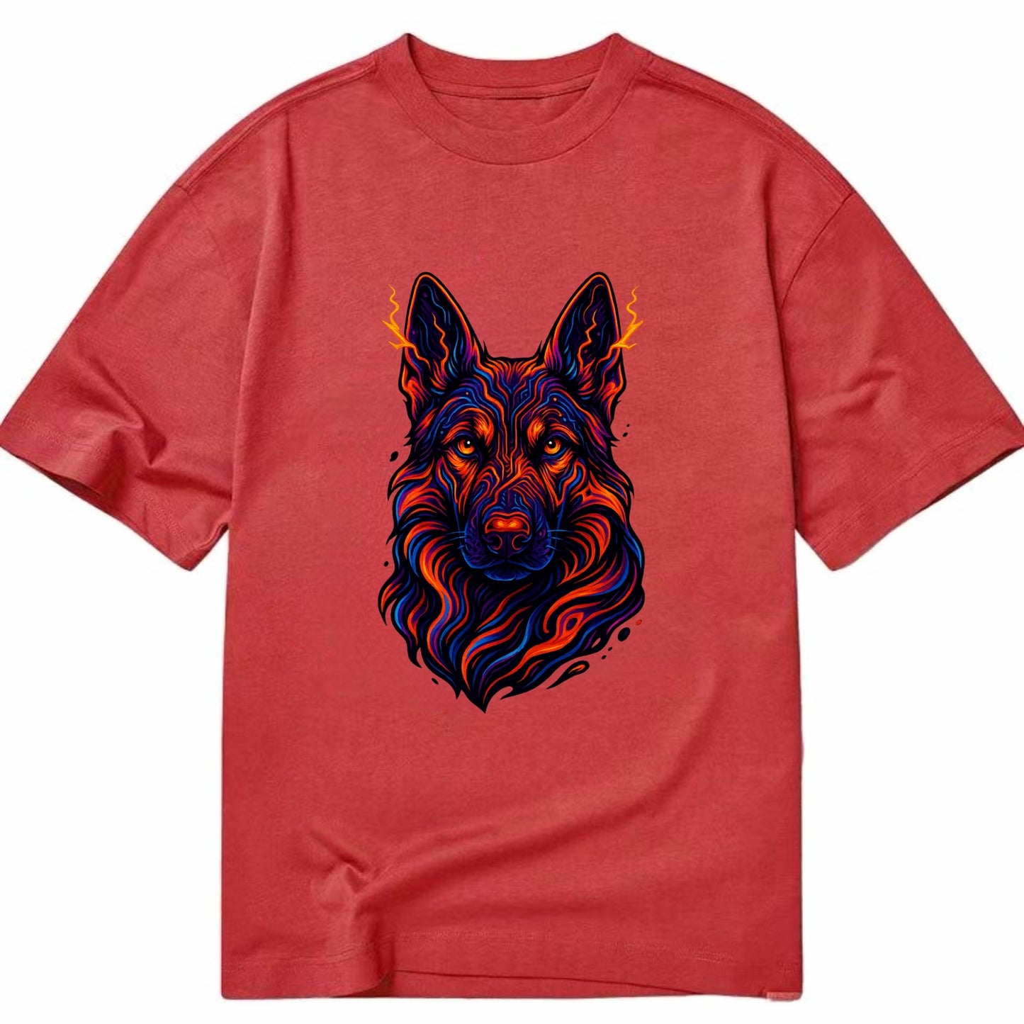Alert German Shepherd with cyber circuit patterns in the fur, neon orange and - Classic T-shirt - Red