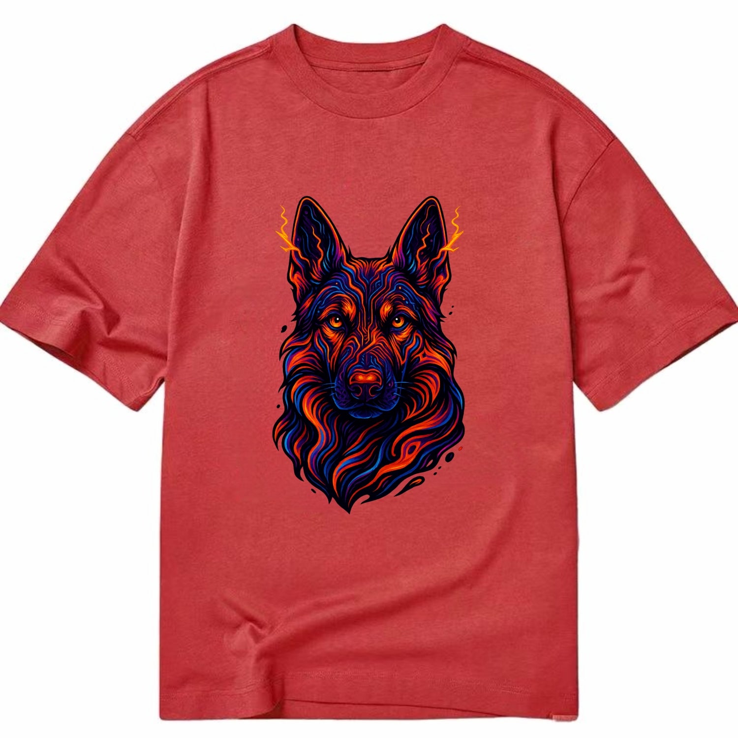Alert German Shepherd with cyber circuit patterns in the fur, neon orange and - Classic T-shirt - Red