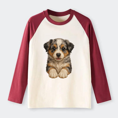 Baby Australian Shepherd Puppy - merle coat, bright eyes, fluffy, - Raglan Long Sleeve T-Shirt - Red