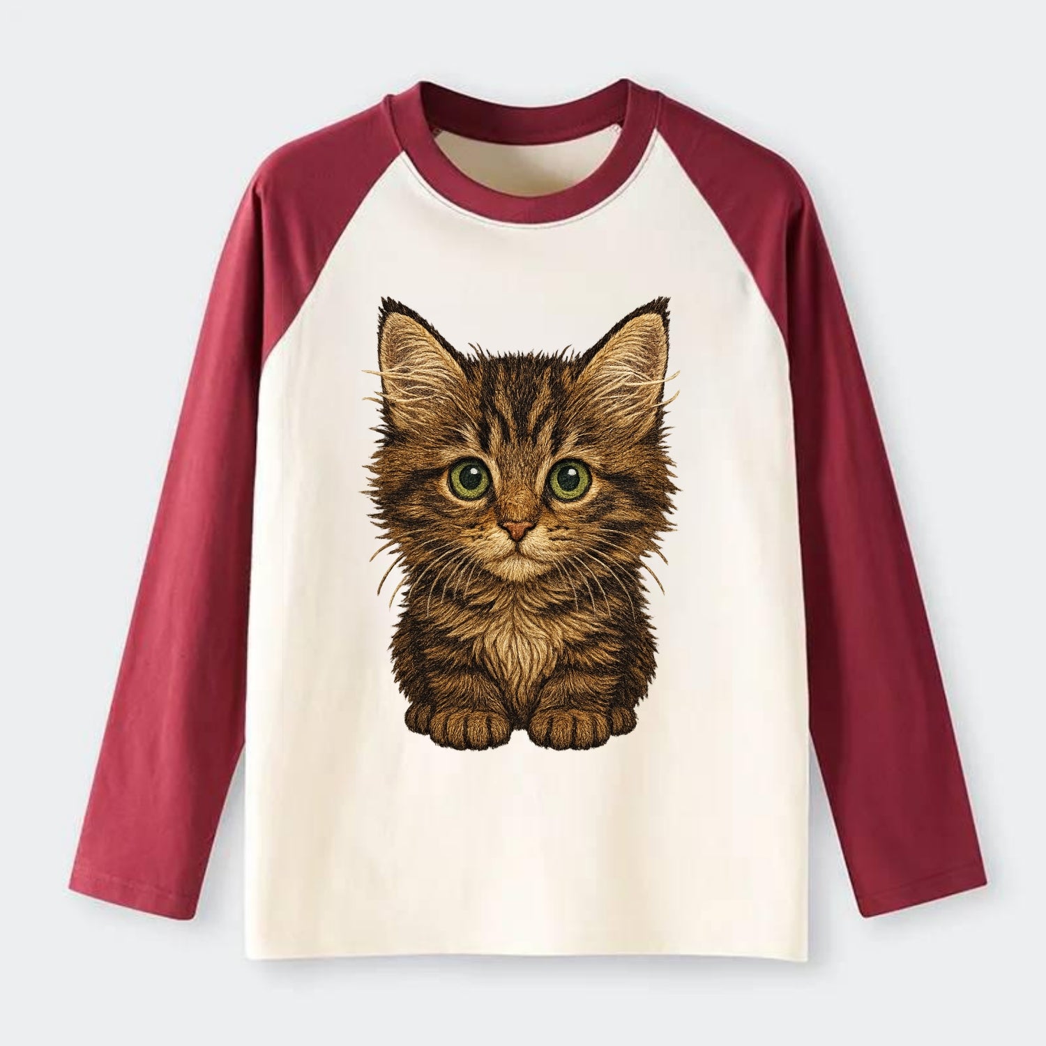 Baby Maine Coon Kitten - large fluffy tabby, tufted ears, big green - Raglan Long Sleeve T-Shirt - Red