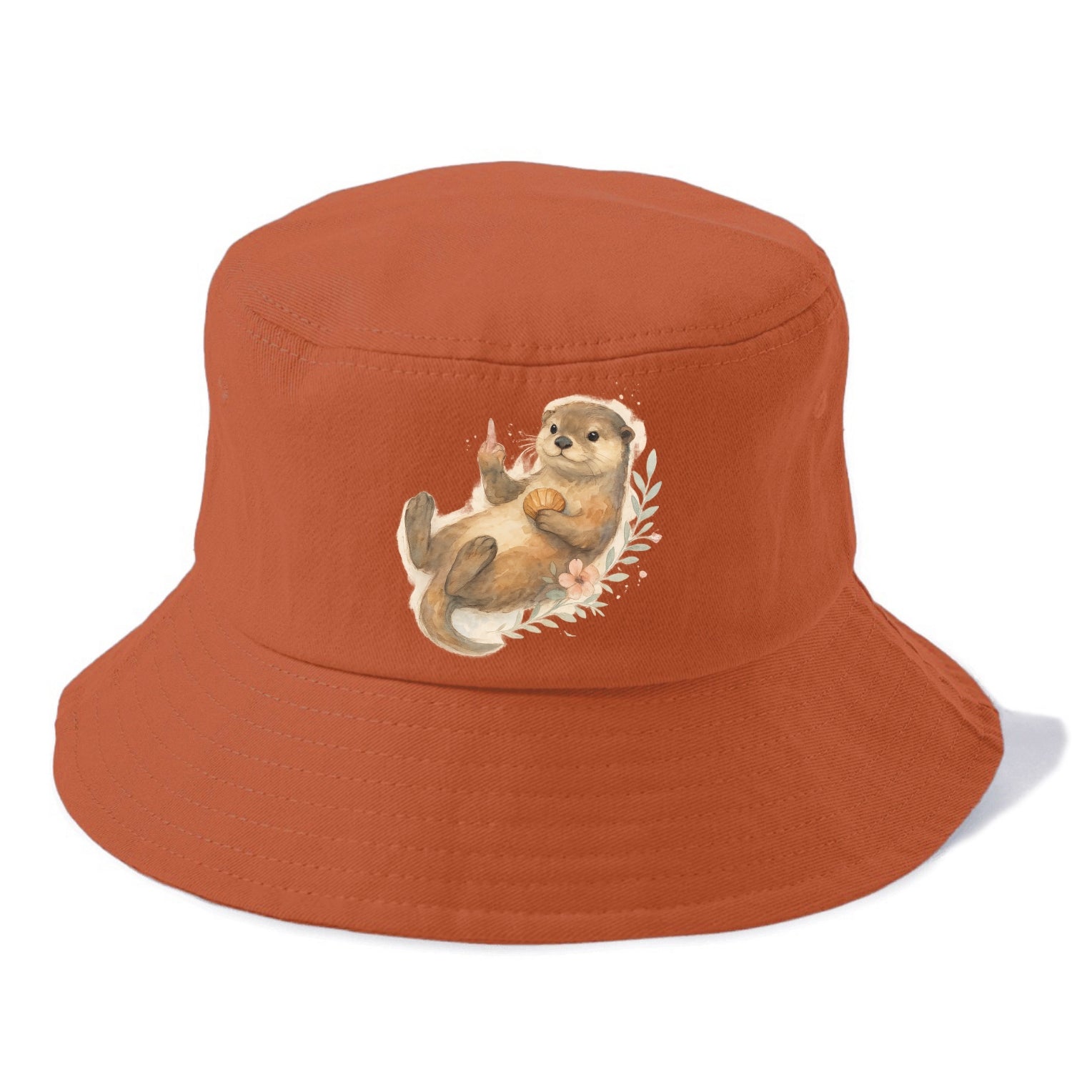 adorable otter floating on back, middle finger up while holding a shellfish - Bucket Hat - Red