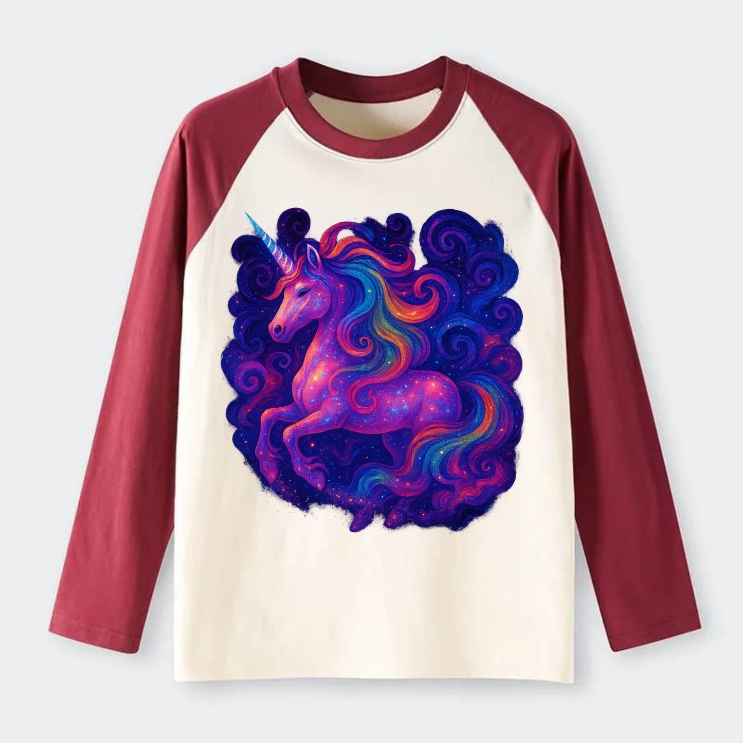 Magical unicorn with flowing rainbow gradient mane, iridescent horn - Raglan Long Sleeve T-Shirt - Red