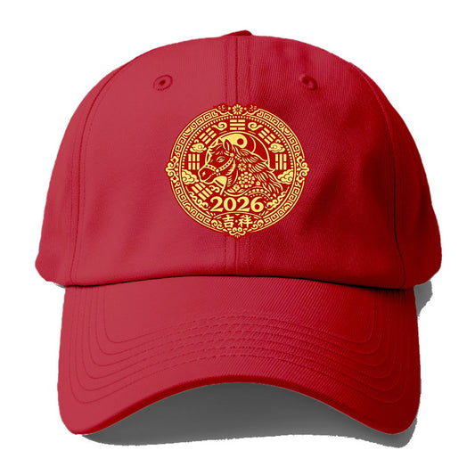 LUCKY HORSE MEDALLION | Circular medallion with horse profile | Intricate Chinese - Baseball Cap - Red