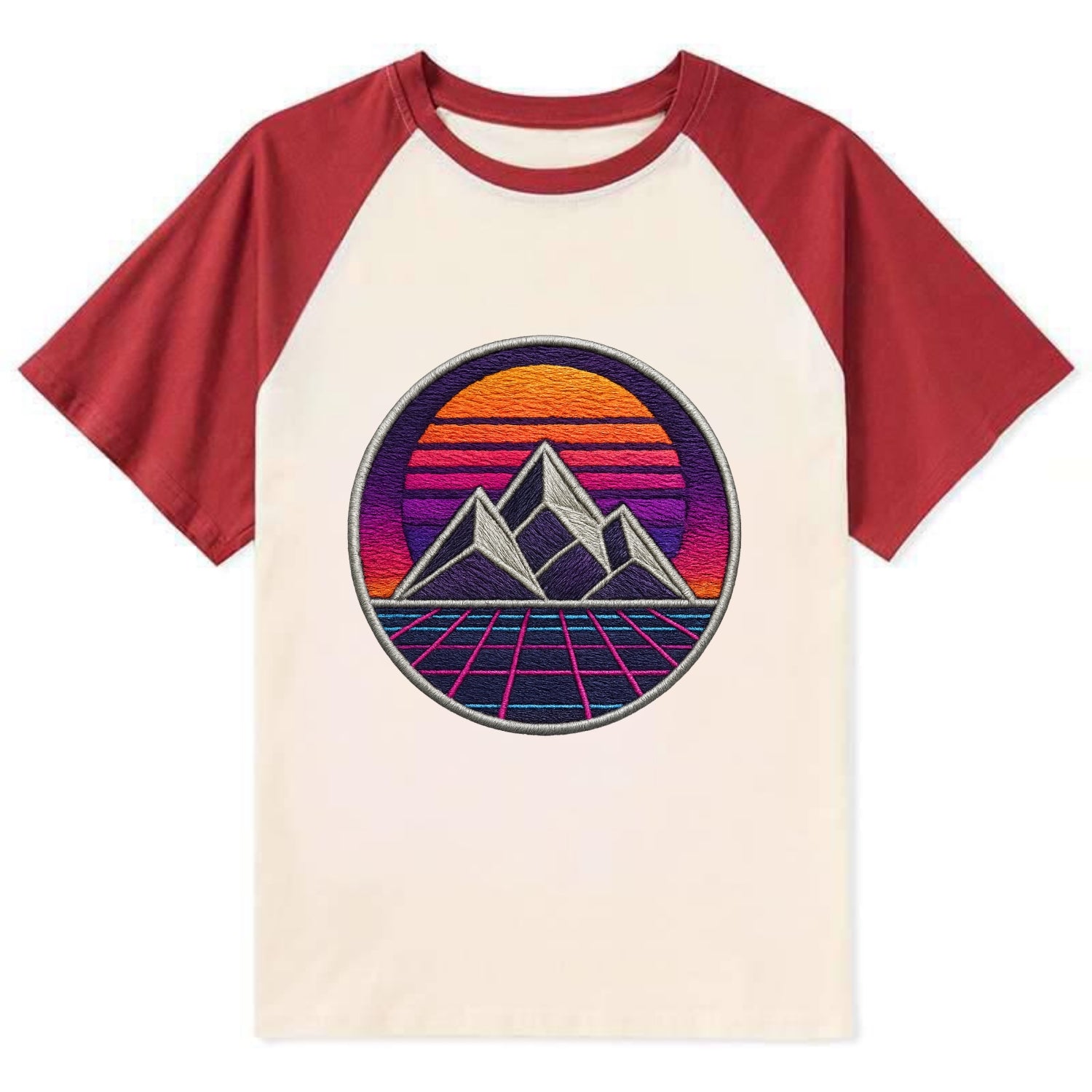 Retrowave Mountains - Contrast Raglan T-shirt - Red