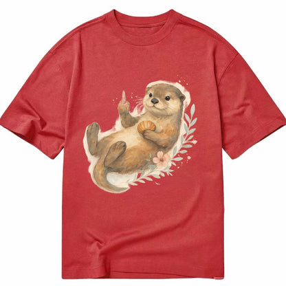 adorable otter floating on back, middle finger up while holding a shellfish - Classic T-shirt - Red