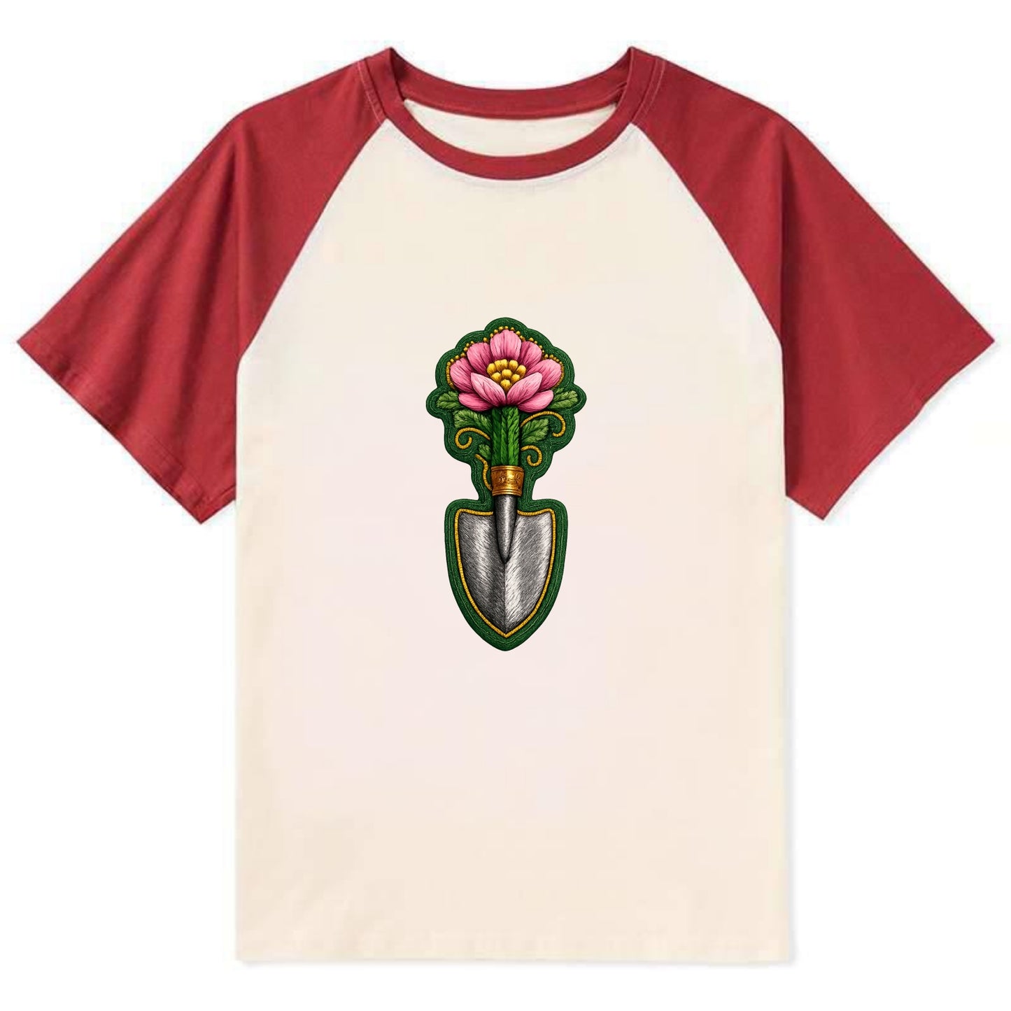 Embroidered patch design - GARDENING TROWEL FLOWER - garden tool with - Contrast Raglan T-shirt - Red
