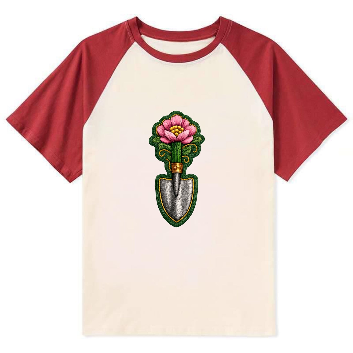 Embroidered patch design - GARDENING TROWEL FLOWER - garden tool with - Contrast Raglan T-shirt - Red