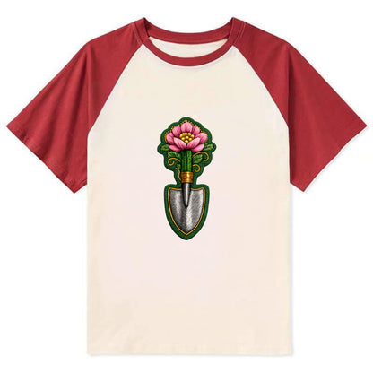 Embroidered patch design - GARDENING TROWEL FLOWER - garden tool with - Contrast Raglan T-shirt - Red