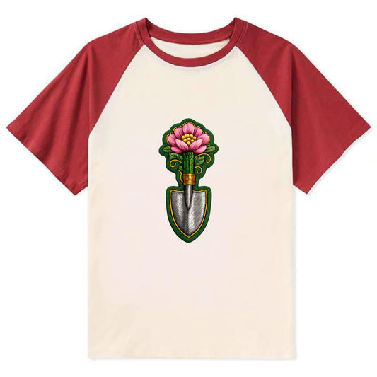 Embroidered patch design - GARDENING TROWEL FLOWER - garden tool with - Contrast Raglan T-shirt - Red