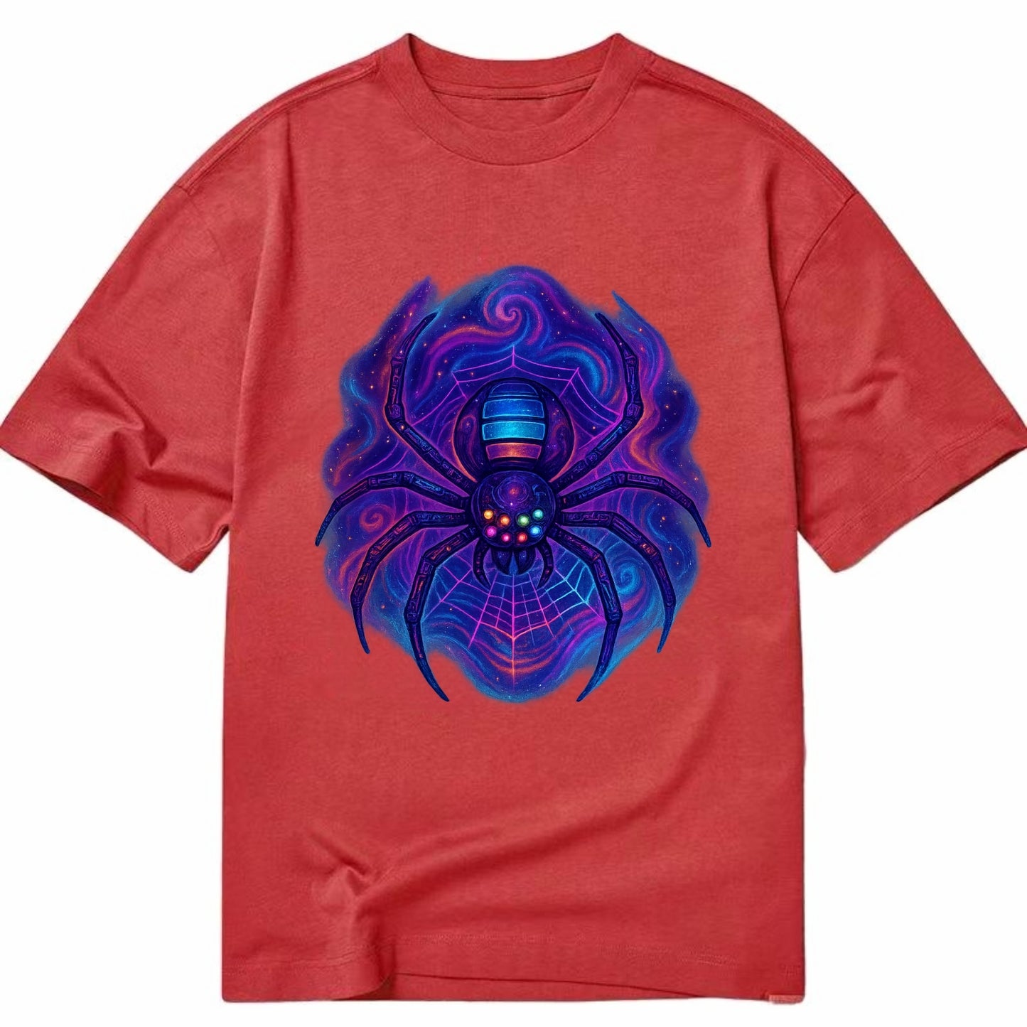Tech spider with legs showing circuit board patterns, web glowing in neon grid - Classic T-shirt - Red