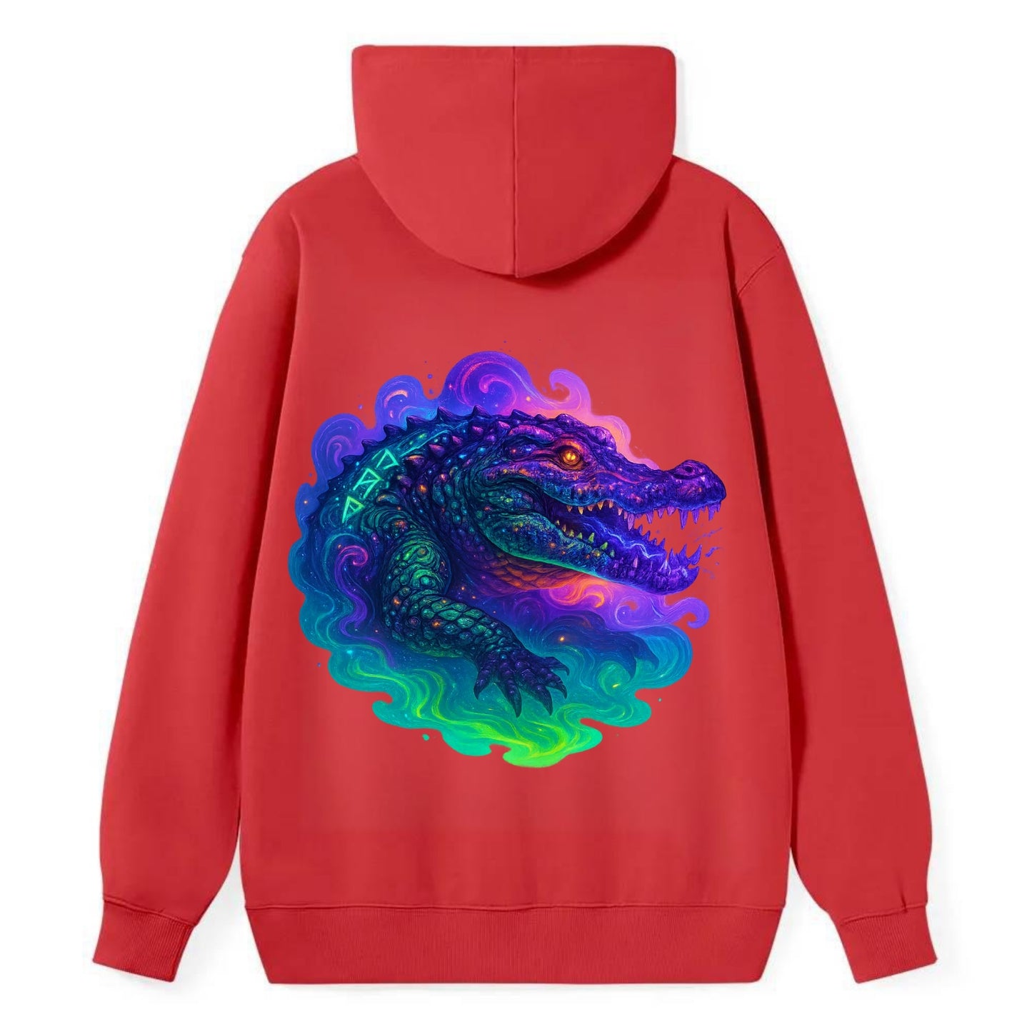 Primordial crocodile with scales pulsing plasma energy in green and - Classic Pullover Hoodie - Red