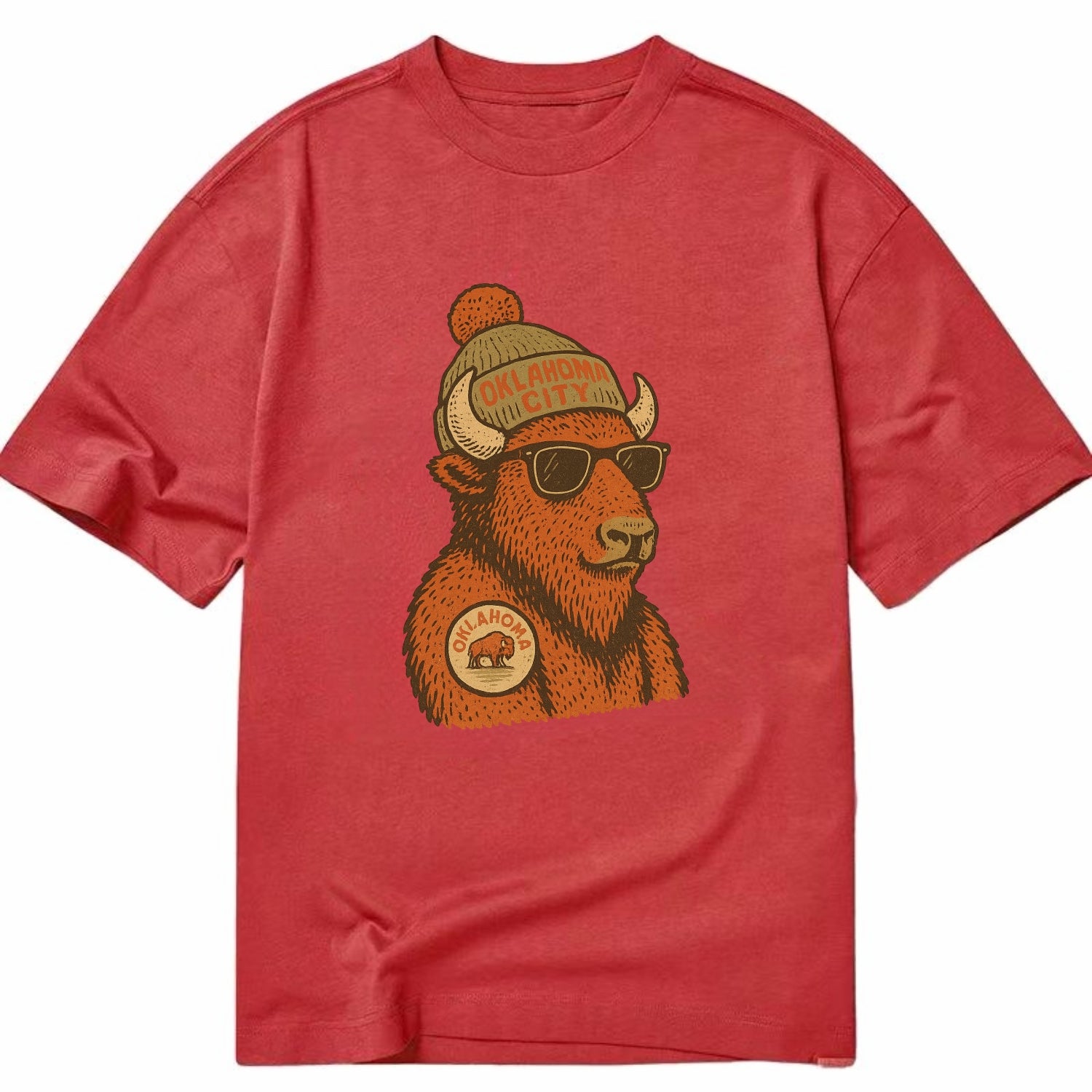 Oklahoma Buffalo wearing Oklahoma City beanie with pom pom and wayfarer sunglasses - Classic T-shirt - Red