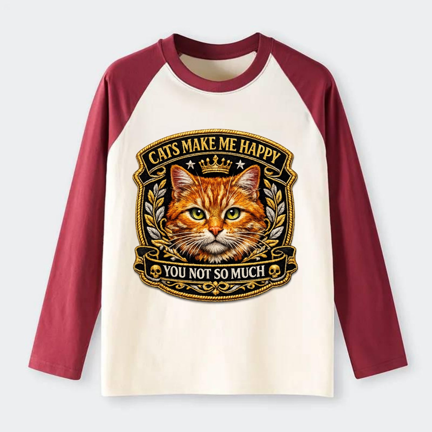 CATS MAKE ME HAPPY YOU NOT SO MUCH - cat face in orange , cat - Raglan Long Sleeve T-Shirt - Red