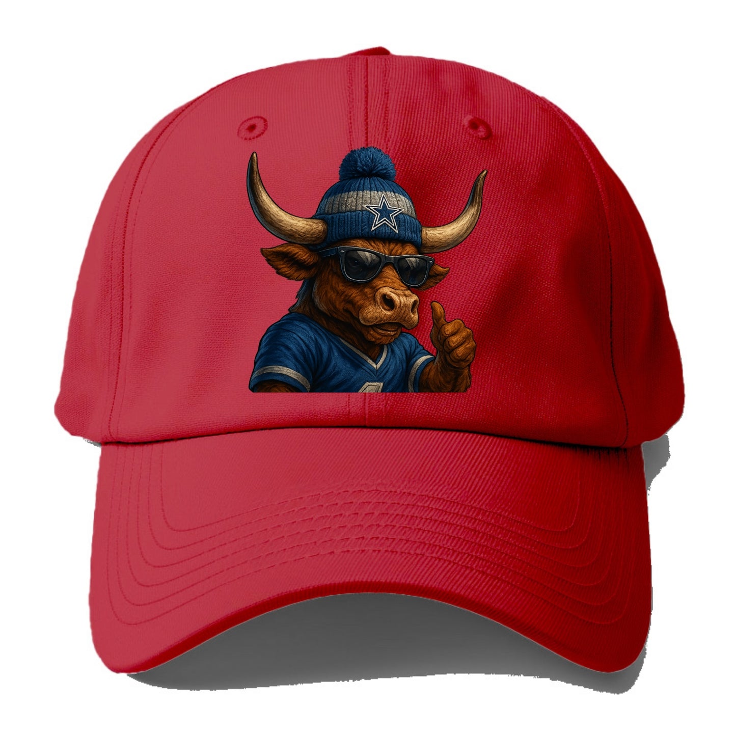 Texas Longhorn wearing Cowboys silver and blue beanie with star and wayfarer - Baseball Cap - Red