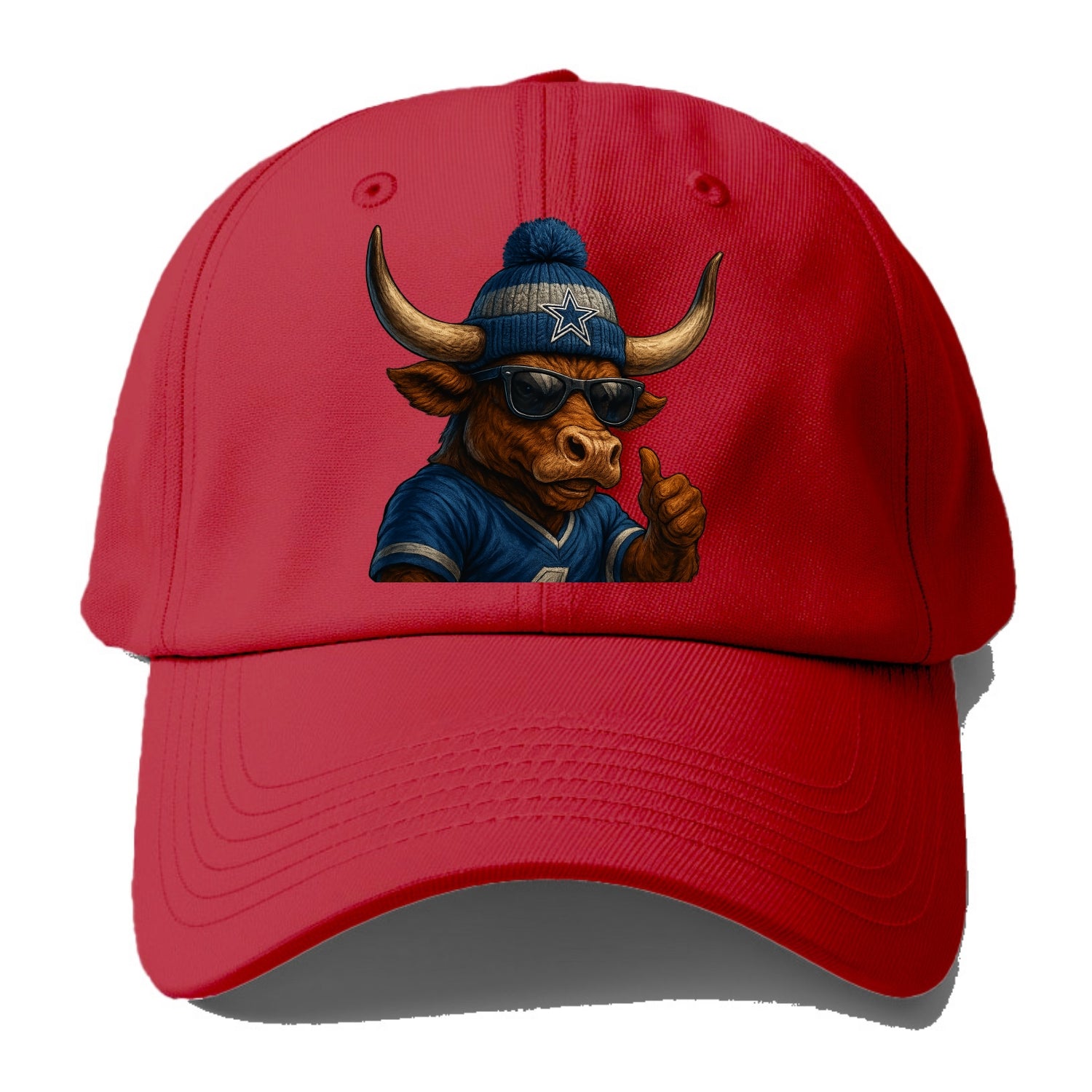 Texas Longhorn wearing Cowboys silver and blue beanie with star and wayfarer - Baseball Cap - Red
