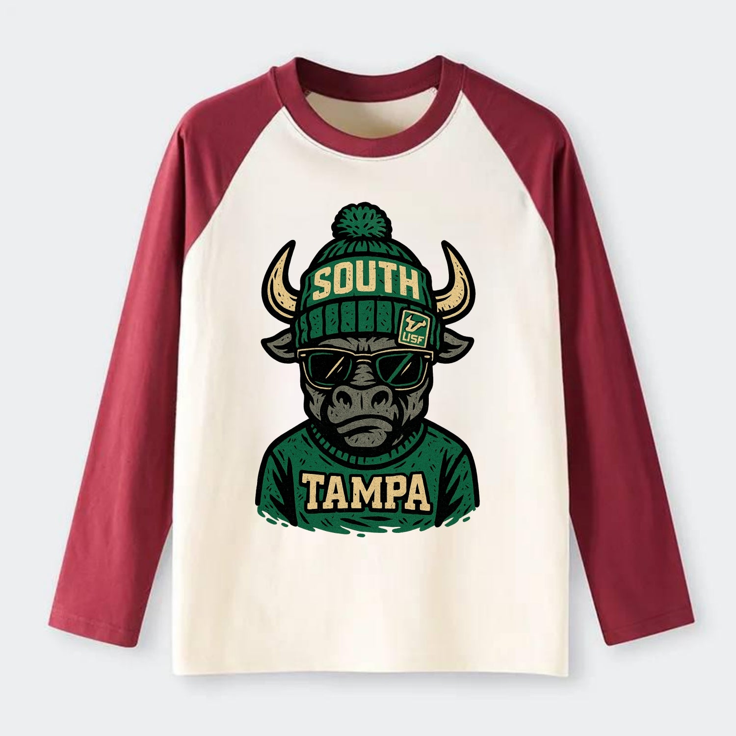 Tampa Bull wearing South Florida beanie with USF patch - Raglan Long Sleeve T-Shirt - Red