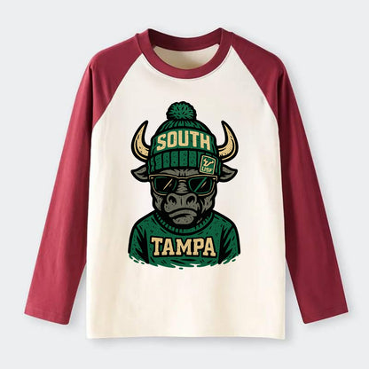 Tampa Bull wearing South Florida beanie with USF patch - Raglan Long Sleeve T-Shirt - Red