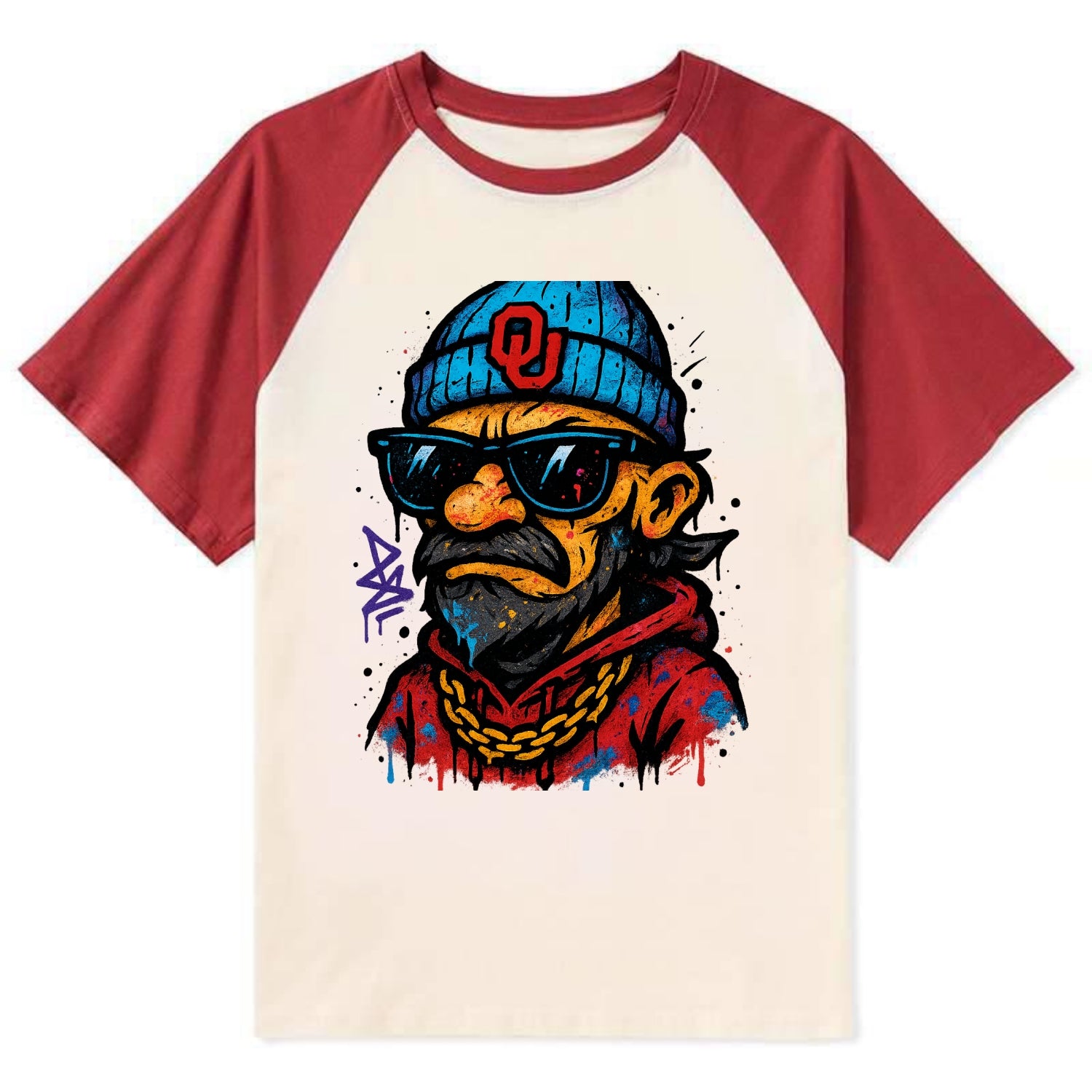 Norman Sooner wearing Oklahoma beanie with OU patch - Contrast Raglan T-shirt - Red