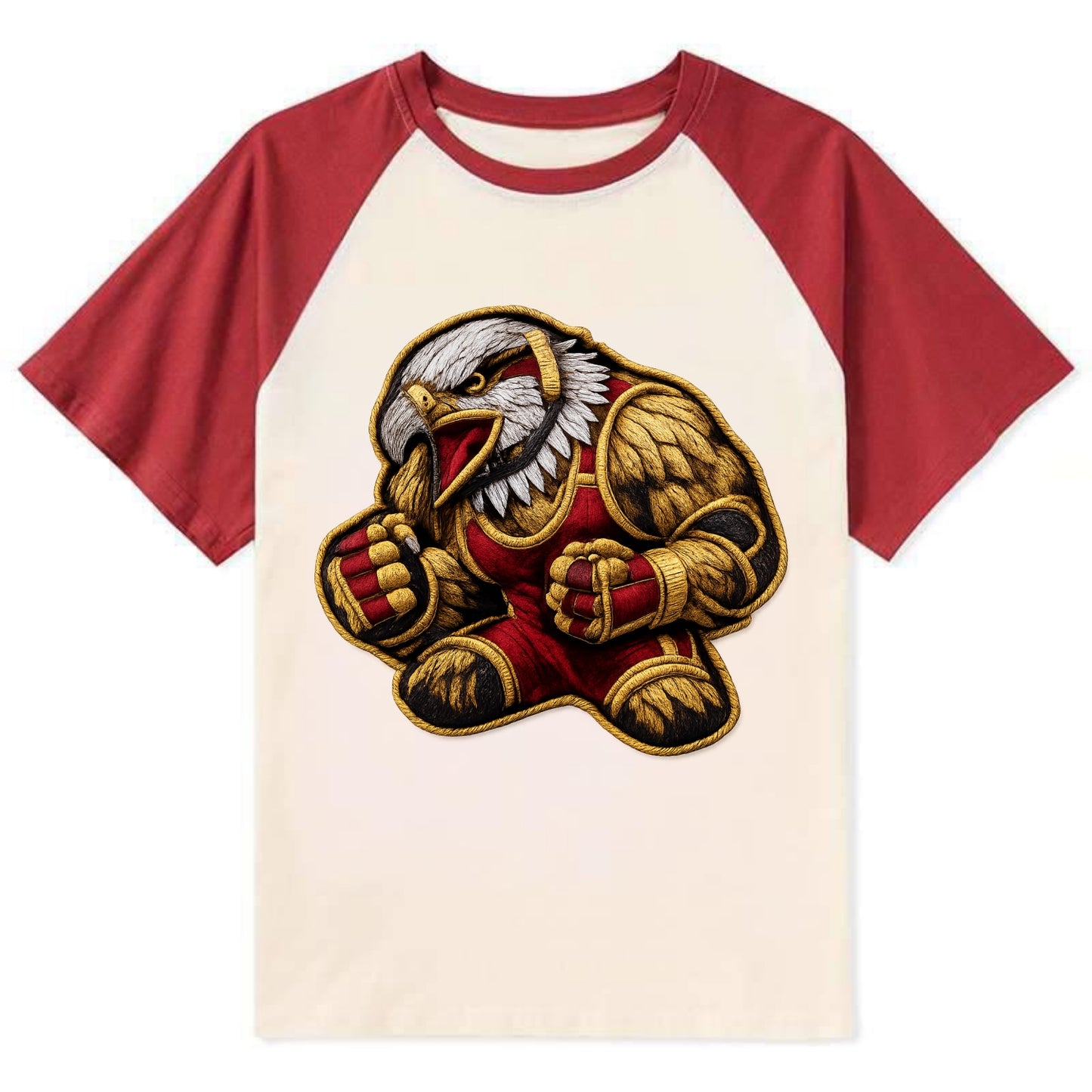 Embroidered patch design - WRESTLING EAGLE - fierce eagle with wrestling - Contrast Raglan T-shirt - Red