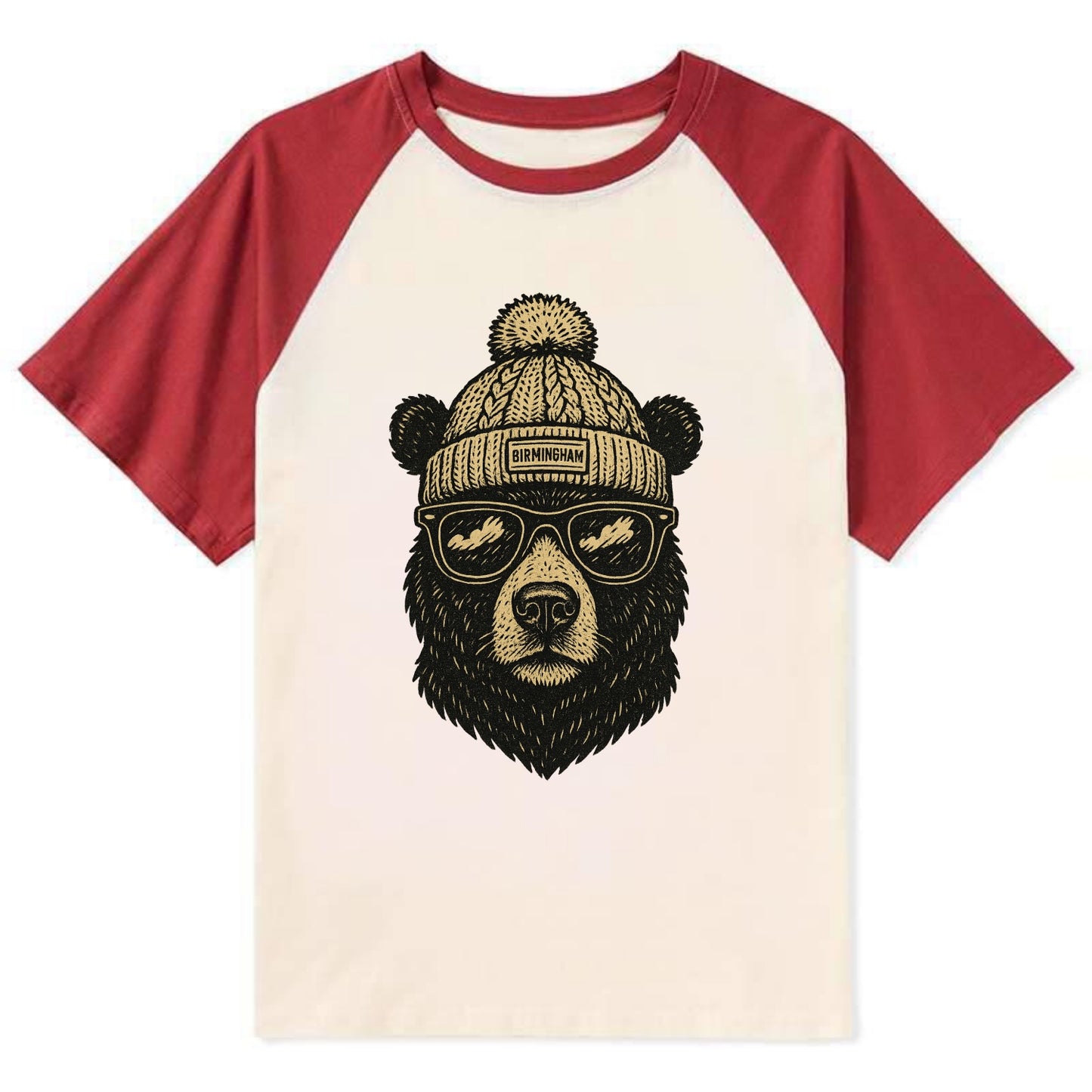 Alabama Black Bear wearing Birmingham beanie with pom pom and wayfarer - Contrast Raglan T-shirt - Red