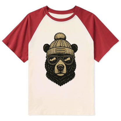 Alabama Black Bear wearing Birmingham beanie with pom pom and wayfarer - Contrast Raglan T-shirt - Red