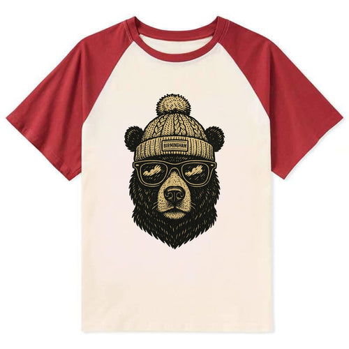 Alabama Black Bear wearing Birmingham beanie with pom pom and wayfarer - Contrast Raglan T-shirt