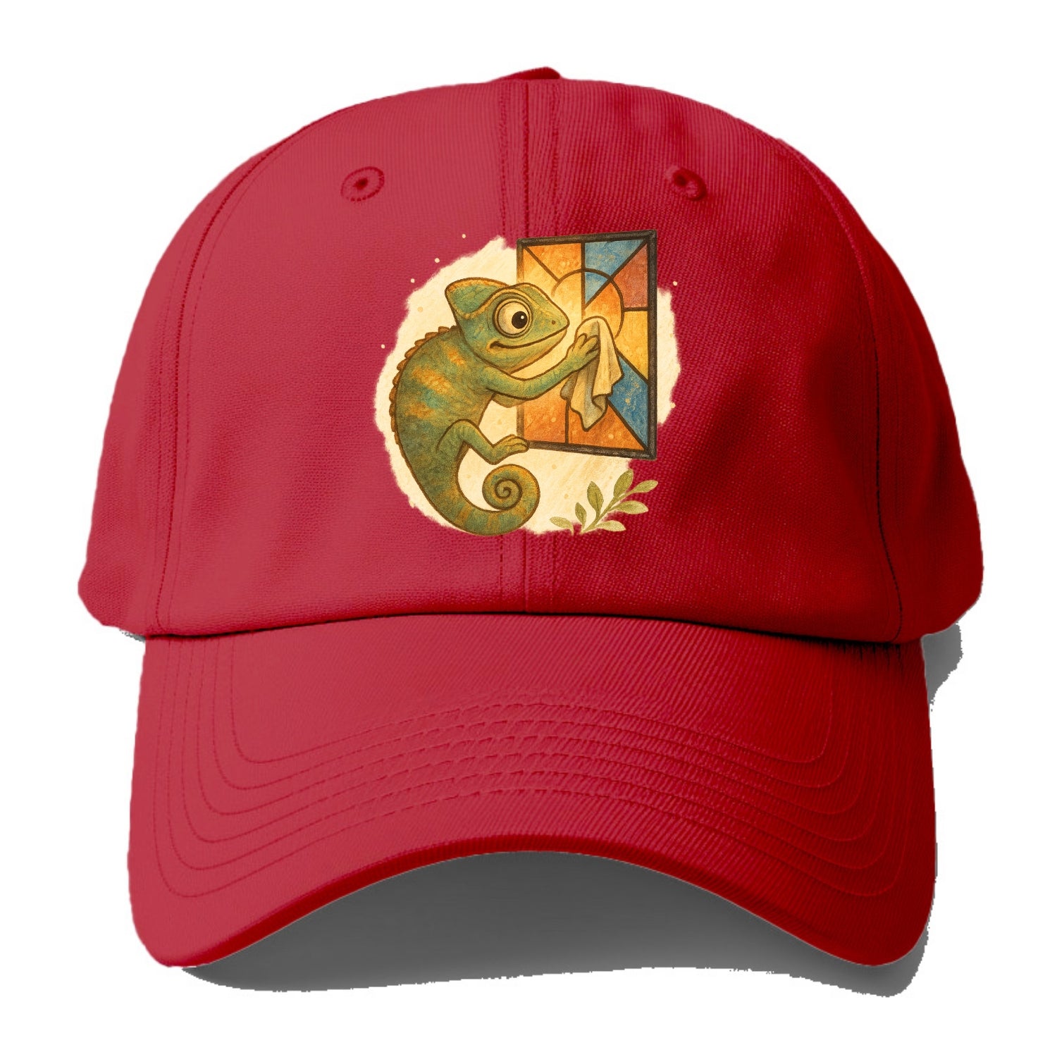 Chameleon blending into a stained-glass window it is polishing with delicate cloths - Baseball Cap - Red