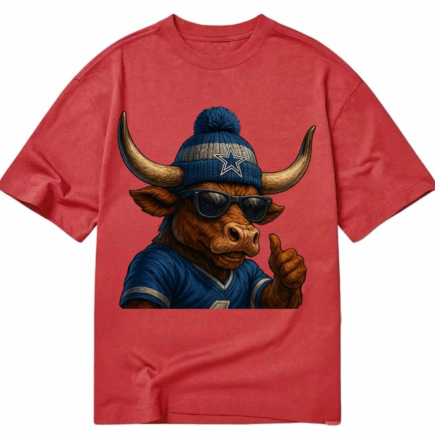 Texas Longhorn wearing Cowboys silver and blue beanie with star and wayfarer - Classic T-shirt - Red