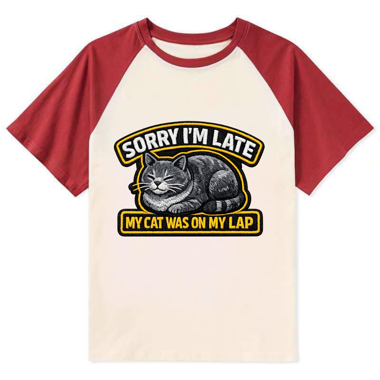 SORRY IM LATE MY CAT WAS ON MY LAP - cat loaf in gray , valid excuse - Contrast Raglan T-shirt - Red