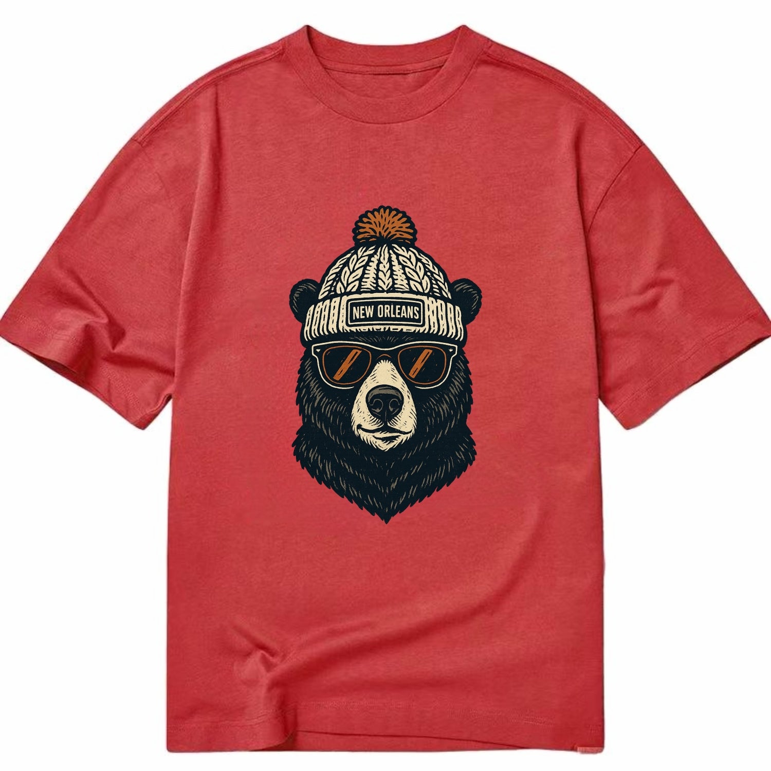 Louisiana Black Bear wearing New Orleans beanie with pom pom and wayfarer - Classic T-shirt - Red